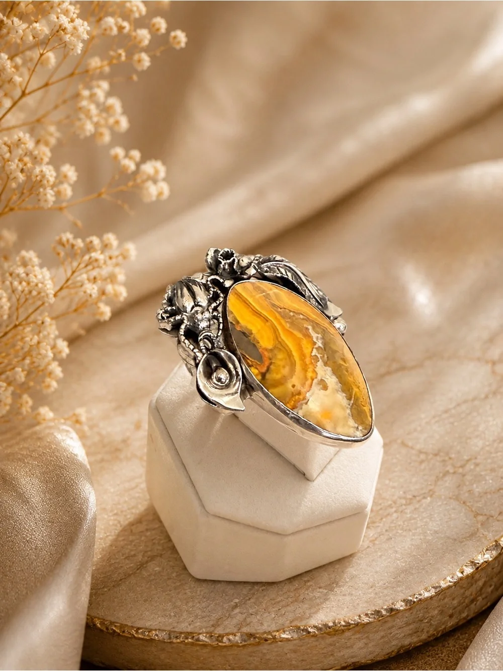 925 Sterling Silver Yellow Jasper Beetle Statement Ring - Women Jewelry